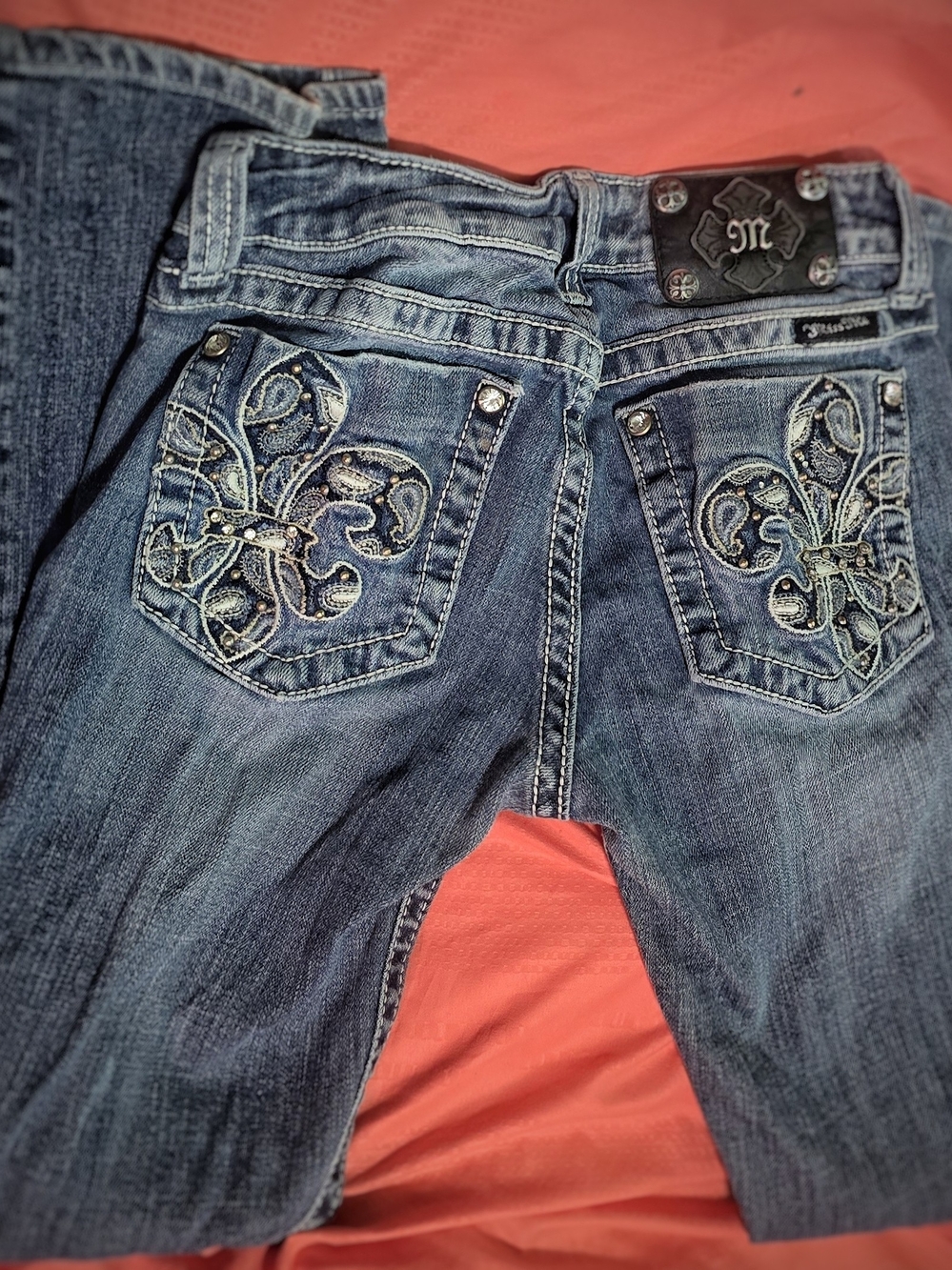 Miss Me Dark Blue Boot Cut Jeans with Embroidered Fleur-de-Lis Pockets
